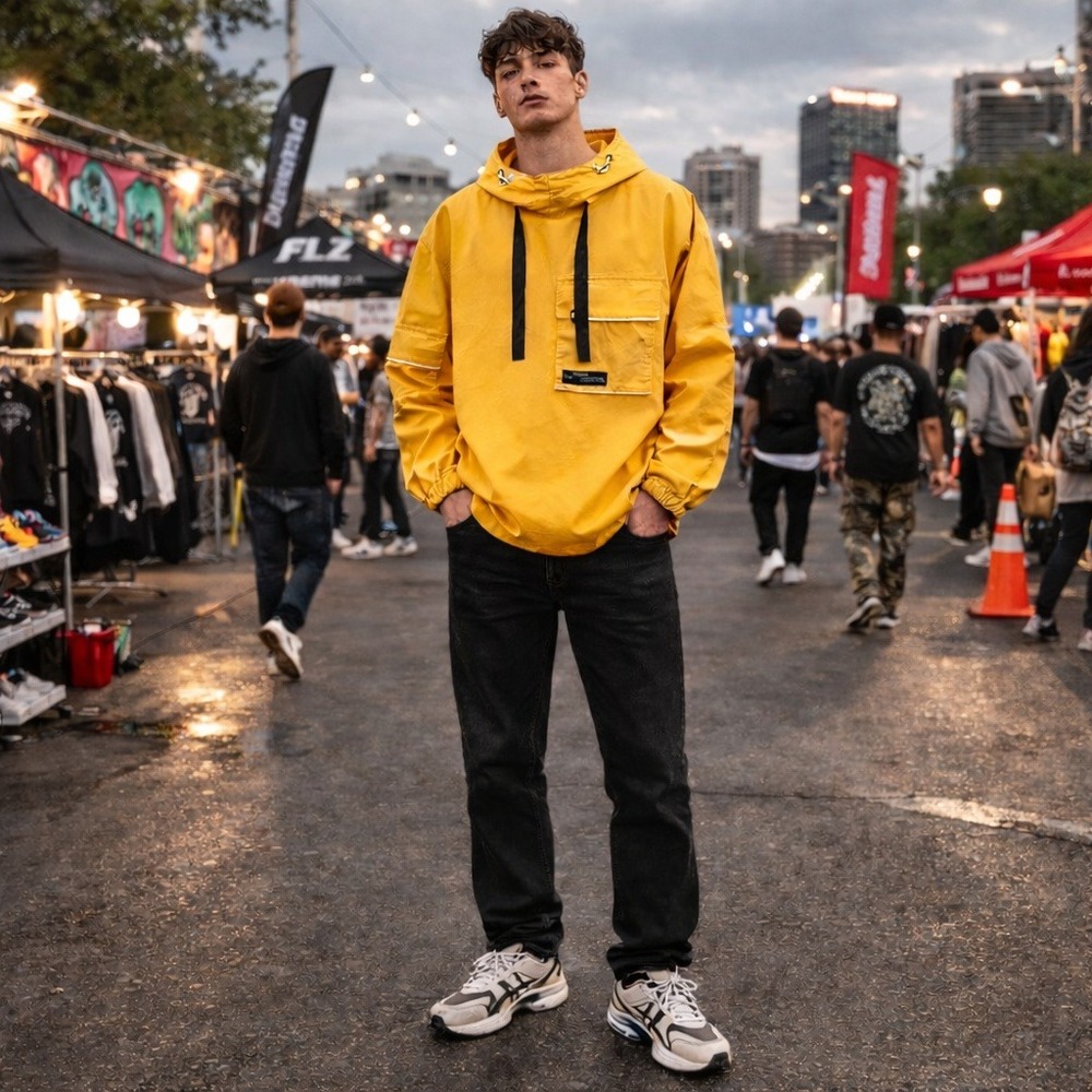 Trendiano Large Yellow Utility Windbreaker Hooded Techwear Jacket Streetwear‎